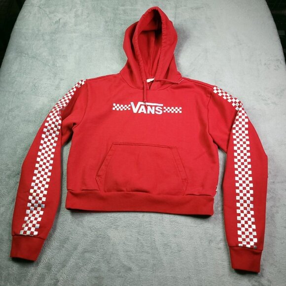 Vans Womens Crop Hoodie Small Red Long Sleeve Silver Classic Checkerboard Pocket - Picture 2 of 5